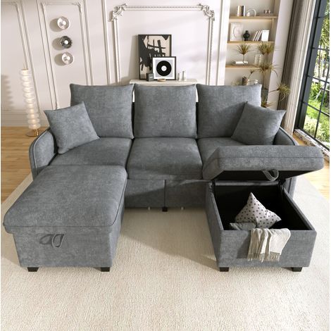 Sofá esquinero modular 200x130x82 cm gris oscuro de chenilla con almacenaje y función cama (1/5)