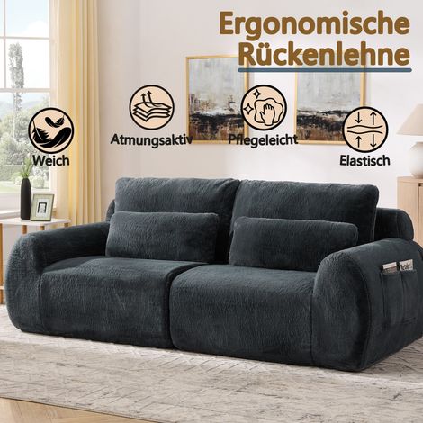 Canapé 2 places gris fausse fourrure lapin, port USB et poche latérale, confortable pour appartement et chambre