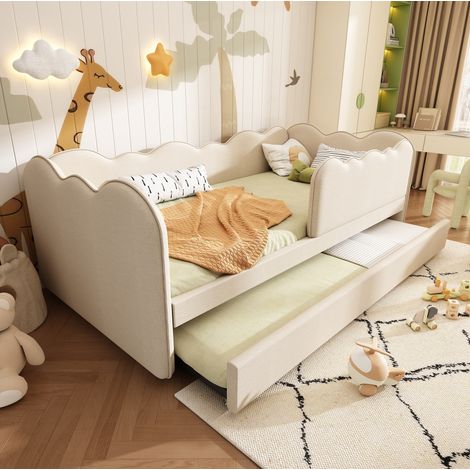 Letto da giorno 90x190 cm beige in lino con letto estraibile e barriera rimovibile (1/5)