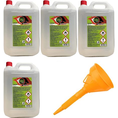 4 pieces - 5 litres - Bioethanol combustible poeles Bio Sprint tot 20 litres % inodore sans fumee' naturelle sans soufre + Entonnoir avec 1 becs verseurs angulaires flexibles