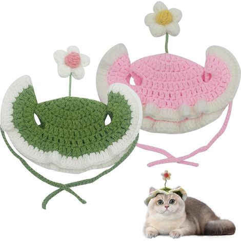 Lot de 2 chapeaux amusants pour petits chiens et chats - Style mignon - En forme de fleur - Pour petits chiens - Accessoire de fête (vert, rose) (1/5)