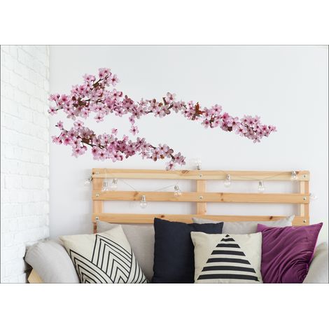 Sticker mural décoratif 68x24 cm, photo branche fleur cerisier, décoration intérieure pour mur, autocollant décoratif. (1/2)