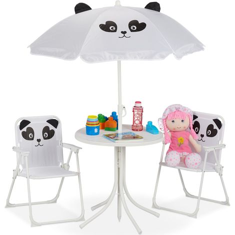 Relaxdays Children’s Camping Furniture Set with Parasol, Folding Chairs & Table, Kids’ Garden Ensemble, Panda, White