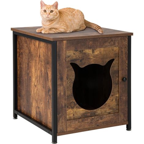 COSTWAY Mobile per Lettiera Gatti in Legno, Casetta per Gatti con Ingresso a Forma di Gatto, Telaio in Metallo, Mobiletto Multiuso per Ingresso e Soggiorno, Adatto a Gatti Piccoli e Grandi (1/5)