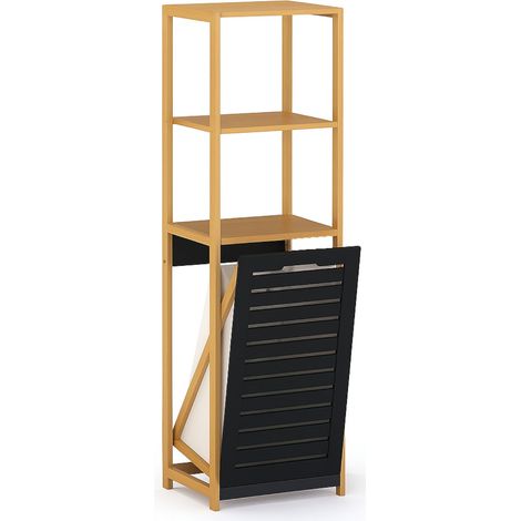 Badezimmerregal aus Bambus mit kippbarem Wäschekorb, schwarz, 3 Ablagen, schmal, 130 x 36 x 33 cm, BEGRYF