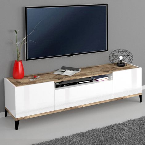 Meuble TV de salon 2 placards 1 tiroir blanc brillant Jacob Wood