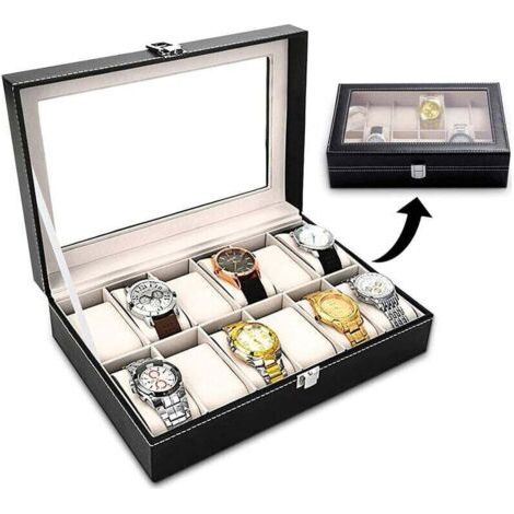 Coffret à montres , boîte de rangement, coffret d'exposition pour montres, armoire à montres, 12 compartiments, noir/beige (1/4)