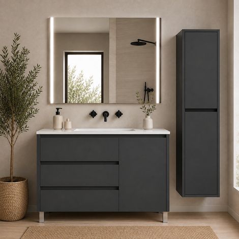 Mueble de baño con 3 cajones, puerta y lavabo ORIGENBATH VOLUM sin espejo 80x45 cm grafito con columna (1/5)