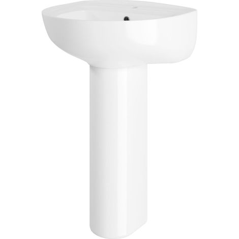 Sleek Modern White 550mm Round Bathroom 1 Tap Hole Basin & Pedestal