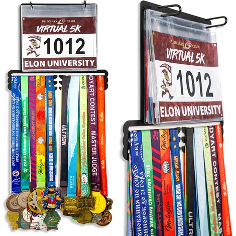 Présentoir à médailles pour coureur – Porte-dossard de course – Présentoir à médailles – 3 rangées – Métal en acier noir robuste – Peut contenir plus de 30 médailles, 50 dossards de course