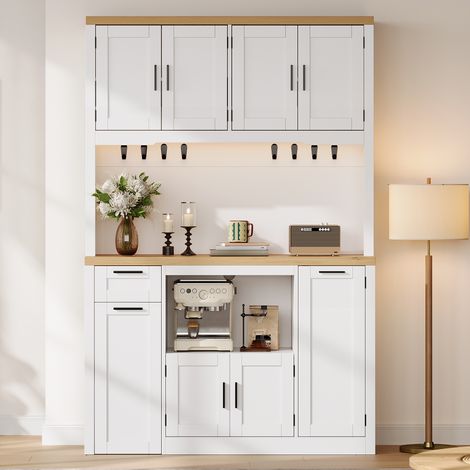Buffet haut de cuisine 120x40x182 cm avec LED RGB, 2 prises, 2 USB, 3 tiroirs, étagères réglables, crochets, rangement de porte, blanc et bois naturel (1/5)