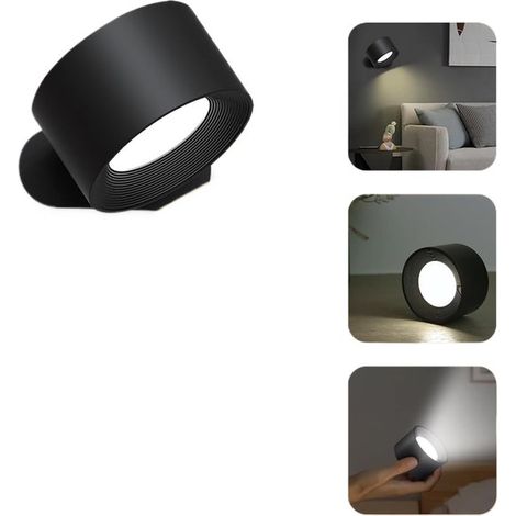 Lámpara，Aplique de pared para interiores，Lámpara de pared LED，Lámpara de pared a pilas (1 unidad)，3 niveles de brillo，Giratoria 360°，Color negro (1/5)