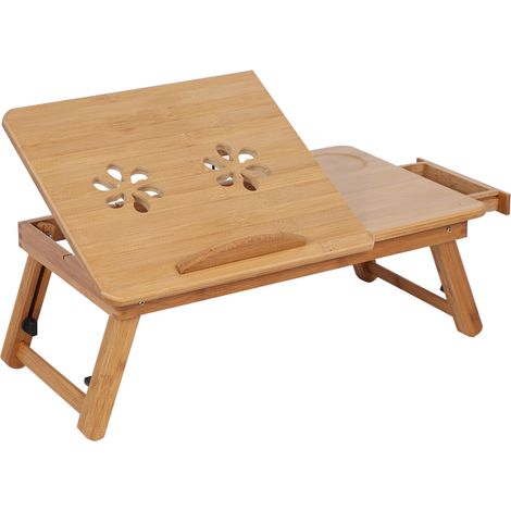 Bureau portable en bambou pliable pour lit, table de chevet réglable, support ordinateur portable avec tiroir, plateau rabattable. (1/5)