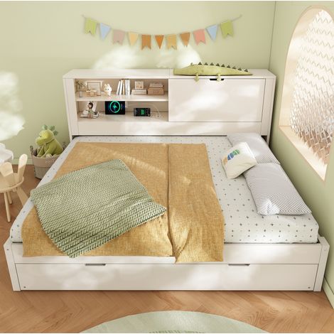 Cama sofá moderna de madera blanca 140x190 cm con cama nido 90x190, cabecero con almacenaje y USB/USB-C