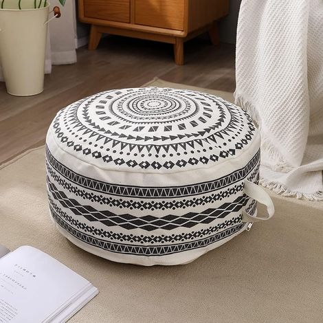 Housse de Pouf Ronde Non rembourrée Style bohème géométrique coloré avec poignée, Repose-Pieds de décoration pour Salon, Chambre à Coucher, Patio (Noir, 45 x 45 x 20 cm) (1/5)