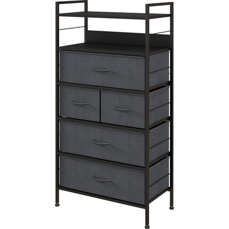 Commode meuble de rangement 5 tiroirs en tissu amovibles et 2 étagères structure acier dim. 58L x 30l x 120H cm noir (1/5)