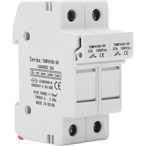 Porte-fusible 2P3A 1000VDC TOWFH1DC, socle bipolaire pour rail DIN, équipement de distribution électrique et contrôle industriel, montage sur rail normalisé. (1/5)