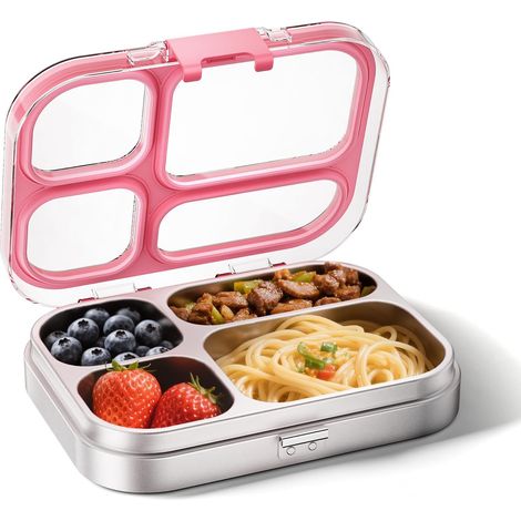 Boîte Bento en Acier Inoxydable 304 800ml pour enfants Boîtes-Repas 4 Compartiments Boîte Lunch Boite pour Le Déjeuner Alimentaires Bento Box étanches, lavable au lave-vaisselle, Rose (1/5)