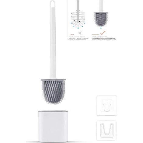 Brosse WC Silicone Plate- Brosse Toilette et Supports, Anti-goutte, Antibactérienne, Balayette WC Ventilée, Séchage Rapide sans Odeur, Balai WC Montage Mural/au Sol, Salle de Bain et WC Blanc (1/5)