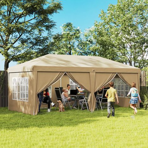 Tonnelle barnum pliant pop-up imperméabilisé 6 x 3 x 2.7 m 4 parois latérales amovibles 4 fenêtres sac de transport kaki