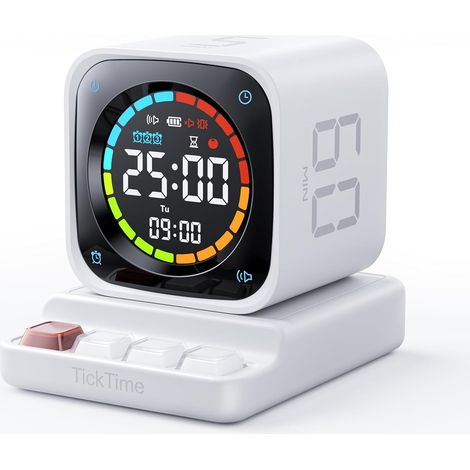 Cube Minuteur Productivité Bureau avec Préréglages 5/10/30/60 Min, Minuterie Personnalisable, Chronomètre & Horloge, Alerte Silencieuse/Vibration/Sonore, pour Tâches, TDAH, Études & Cuisine (Blanc) (1/5)