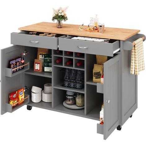 CAIziÎlot de cuisine moderne (102×45×92 cm), meuble de cuisine, buffet, desserte de service effet grain de bois, table à manger multifonction avec espace de rangement, gris (1/5)