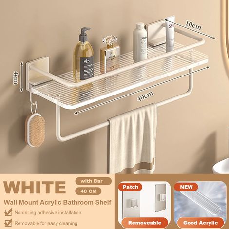 Étagère de salle de bain en acrylique (40 cm, blanche avec barre) pour angle de douche, avec crochets porte-serviettes, fixation murale sans perçage, grise, en acrylique et aluminium spatial. (1/5)