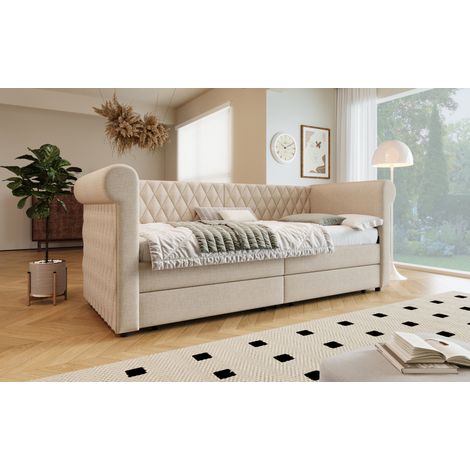 Diván cama 90x200 cm de lino beige con 2 cajones, para espacios pequeños, sin colchón – MEUBLIV (1/5)