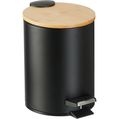 Poubelle de salle de bain, 3 l, couvercle en bambou, seau intérieur amovible, mécanisme de fermeture, noire (1/5)