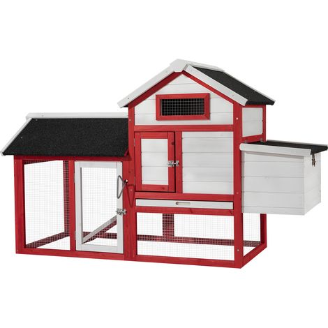 Wiltec Hühnerstall 1520 x 520 x 920 mm rot-weiß mit Freilauf und Nistkasten aus Tannenholz, Hühnerhaus mit Unterschlupf, Gitter und Kotwanne verzinkt (1/5)