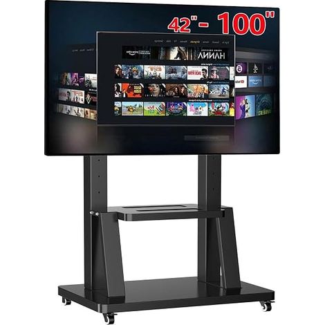 Support TV avec roues mobiles pour la plupart des écrans de 42 à 100 pouces, Chariot TV réglable en hauteur avec plateau VESA Max 900 x 600 mm, charge 80 kg, Grand TV Stand (1/4)