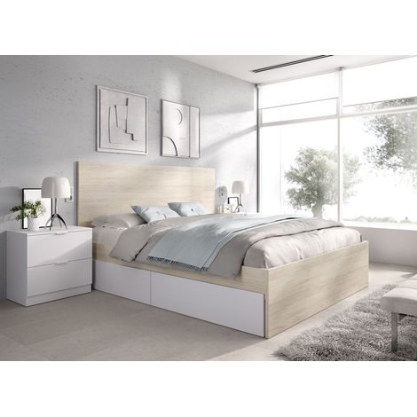 DEKIT LAGO - CAMA PARA DORMITORIO 135/140X190 CON 4 CAJONES Y DOS MESITAS DE 2 CAJONES - NATURAL / BLANCO - 100 x 246 x 195 (1/5)