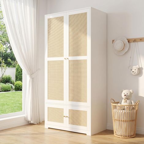 Armoire en rotin, penderie 2 portes, avec tringle et étagères, en MDF avec façades laquées, armoire de chambre, blanche, 90 x 48 x 180 cm