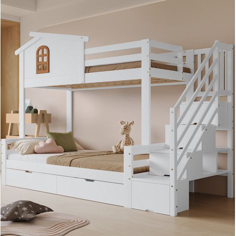Etagenbett Kiefer/MDF Weiß+Natur 90x200/120x200 cm mit Eckleiter-Schrank, 2 Schubladen und Lattenrosten (1/5)
