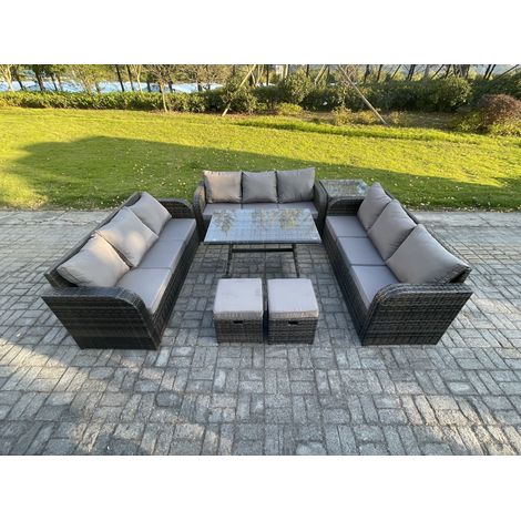 Fimous 11-Sitzer Polyrattan Gartenmöbel Set mit Rechteckiger Esstisch Beistelltisch 2 kleine Fußhockern Polyrattan Garten Sofa im Freien Set (1/5)