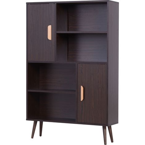 Libreria scandinava con 4 nicchie + 2 armadietti con ripiani, dimensioni 80L x 24W x 123H cm. Gambe inclinate e affusolate. Legno massello e truciolato wengé.