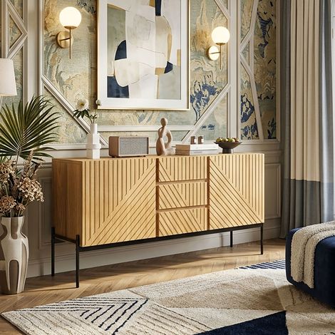 Creahappy Buffet Enfilade 140x40x75 cm - Grand Rangement avec 2 Portes et 3 Tiroirs - Style Moderne Lignes Géométriques - Chêne et Métal (1/5)