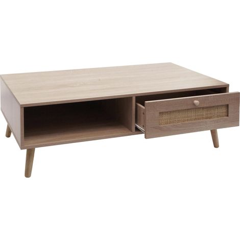 [JAMAIS UTILISÉ] Table basse HHG-212, Table de salon Table d'appoint Table de salon, tiroir Kubu Rotin Bois Mélamine, 37x110x59cm aspect chêne