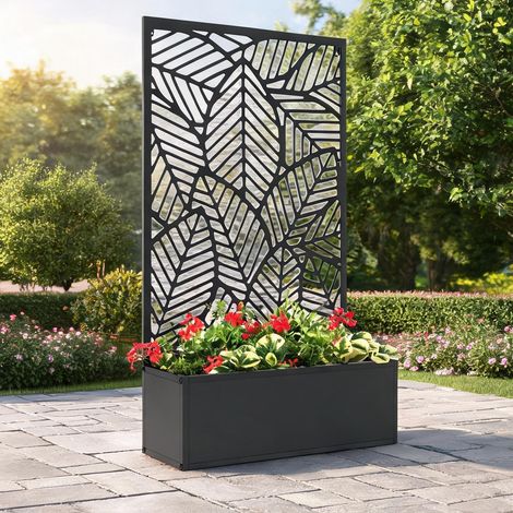 Porte-plantes avec brise-vue et jardinière métal noir (1/5)