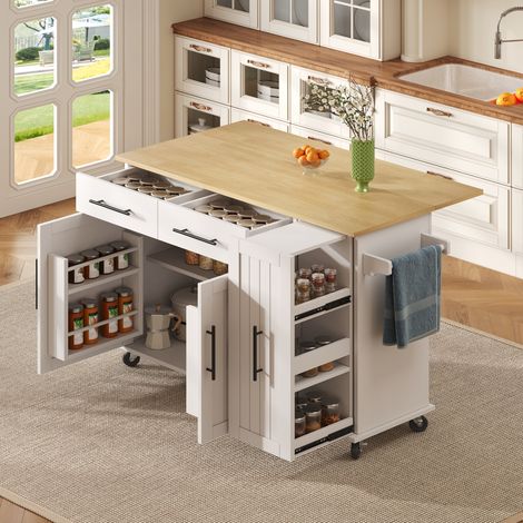 Carrello da cucina su ruote 120×40/65×90 cm, 2 cassetti, 2 ante, mobile da cucina, MDF, bianco (1/5)