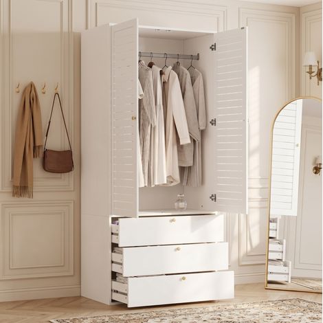 Armario ropero 90x50x200 cm de aglomerado blanco, 3 cajones para dormitorio – MEUBLIV (1/5)