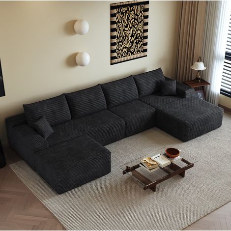 Canapé d'angle modulaire 340 cm noir en tissu avec chaise longue, sans montage (1/5)