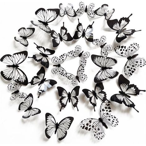 48 Stück 3D-Schmetterlings-Wandaufkleber in Schwarz-Weiß abnehmbare Schmetterlings-Wandaufkleber mit Hohlmuster DIY-Wanddeko geeignet für die von (1/5)