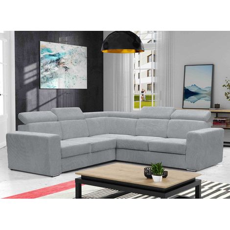 Deco In Paris – Canapé d'angle convertible réversible 6 places – Velours côtelé gris clair – Dimensions 260x260x84 cm – 4 têtières réglables (1/5)