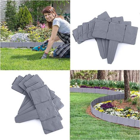 Bordes de valla de jardín de plástico con aspecto de piedra: 5 paneles decorativos para proteger y delimitar parterres y césped. (1/4)