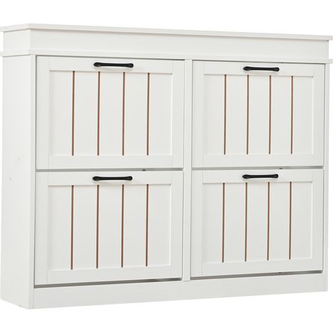 Zapatero estrecho de MDF blanco con 4 puertas abatibles y 8 compartimentos, 105 x 24 x 83 cm (1/5)