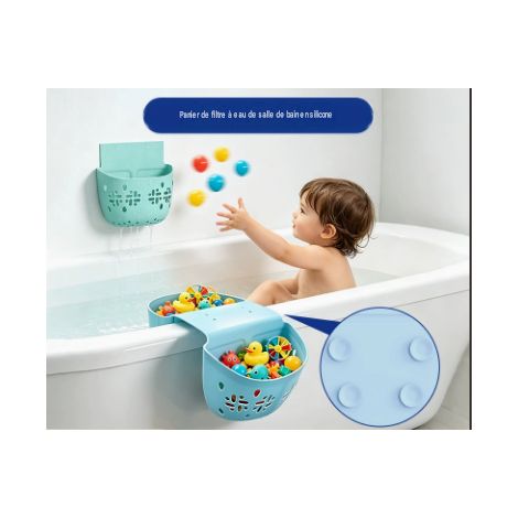 Sac de rangement double poche vert en silicone à ventouse égouttoir pour jouets de bain accessoires toilette enfant salle de bain (1/5)
