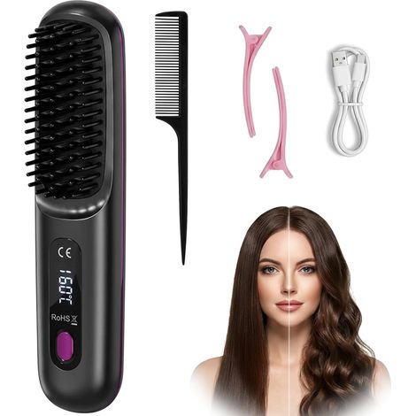 Brosse Lissante Sans Fil Chauffante 13000 mAh  er à Lisser Ionique Anti-Brûlure, 3 Températures, Chauffage Rapide 30 s, Portable pour Voyage, Tous Types de Cheveux (1/5)