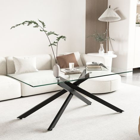 Table basse rectangulaire en verre trempé noir pieds métalliques design moderne pour salon dimension 120x60x46cm (1/5)