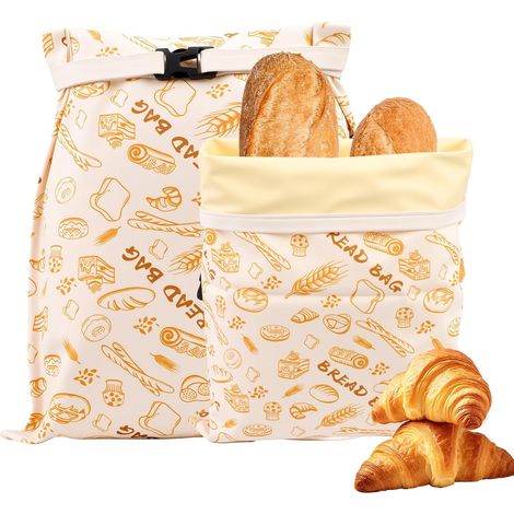 Lot de 2 sacs à pain réutilisables en cire d'abeille 43 x 33 cm avec fermeture éclair et boucle de fermeture, sacs en coton pour le stockage du levain et du pain fait maison (1/5)
